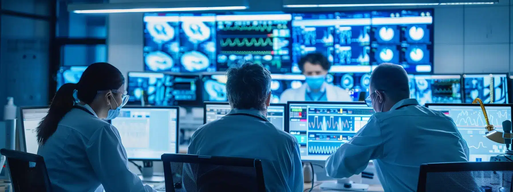 a modern hospital control room bustling with it experts overseeing healthcare management systems.