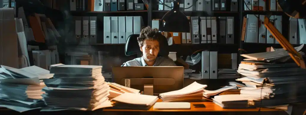 a person sitting at a desk surrounded by piles of paperwork and a confused expression while a computer screen displaying the acumatica cloud erp software simplifies their financial planning process.